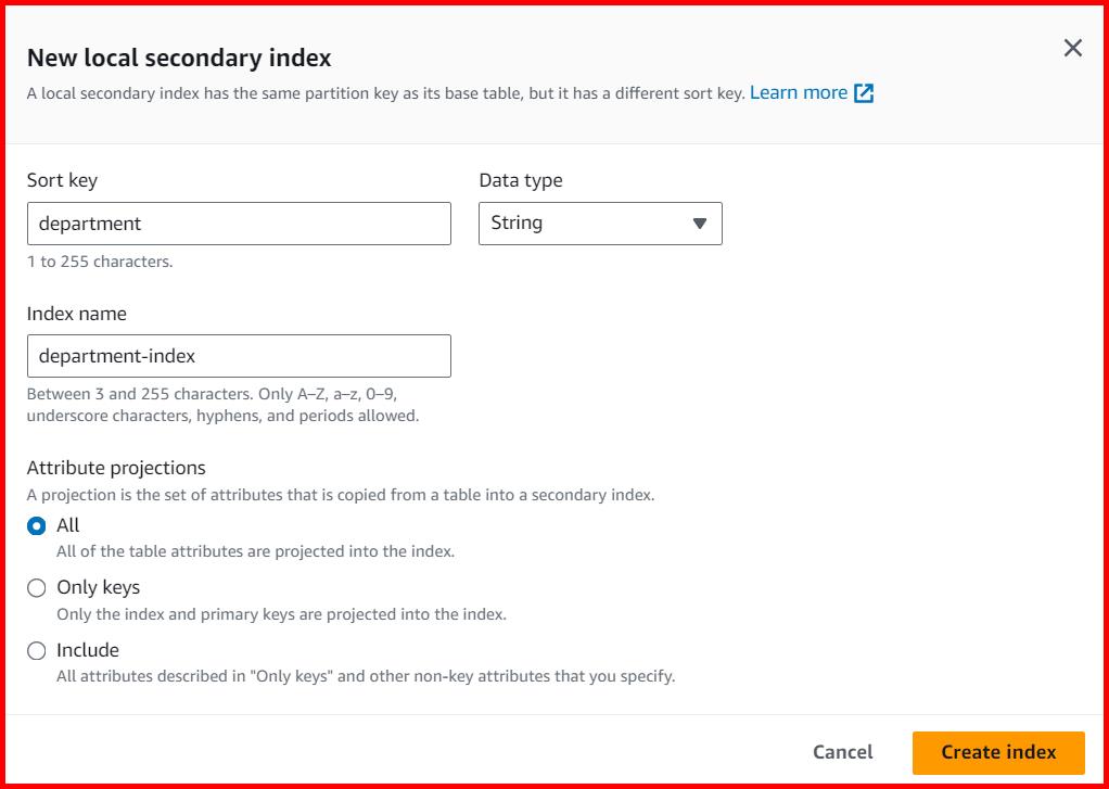 Picture showing the screen for creating the new secondary index